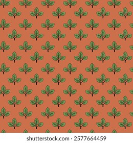 A charming, repeating pattern featuring stylized green leaves on a terracotta background. Perfect for textile design, wallpaper, packaging, and digital projects.