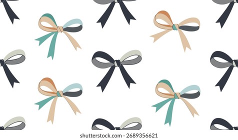 A charming repeating pattern of hand drawn bows in various soft pastel colors.
