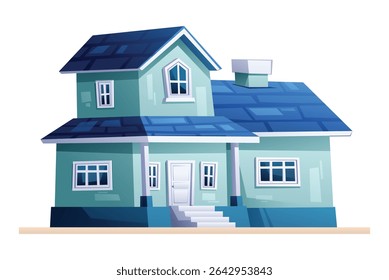 Charming residential house with a blue roof, a cozy suburban family home. Vector cartoon illustration