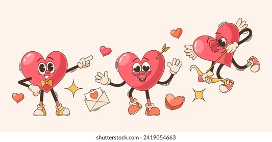 Charming Retro Cartoon Vector Hearts Dance With Joy, Shooting with Arrow, Sporting Cute Faces And Vibrant Colors