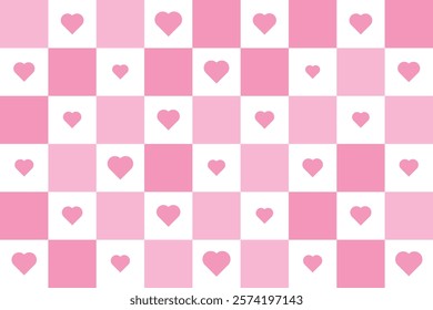 Charming retro groovy checkerboard pink and white checkerboard pattern with various heart shapes, perfect for Valentine's Day or romantic-themed designs.