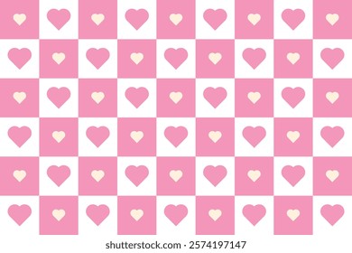 Charming retro groovy checkerboard pink, yellow and white checkerboard pattern with various heart shapes, perfect for Valentine's Day or romantic-themed designs.