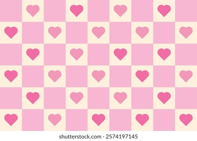 A charming retro groovy pink and cream checkerboard pattern adorned with heart shapes, perfect for Valentine's Day or romantic designs.