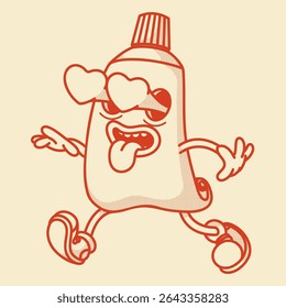 Charming retro tube mascot - toothpaste or cream. Vintage vector illustration for hygiene cosmetic branding.