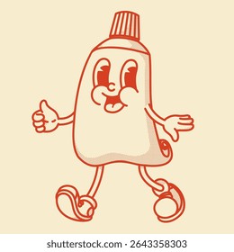 Mascote retro charmoso tubo - pasta de dente ou creme. Ilustração vetor vintage para marca cosmética de higiene.