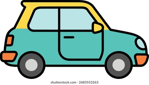 Charming retro two-tone compact car with yellow roof and teal body transportation icon symbol simple flat design