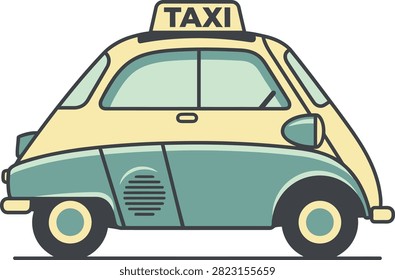 A charming retro vector illustration of a cute vintage mini microcar taxi cab in a two-tone pastel green and cream color palette. Featuring a round bubble design and a prominent taxi sign on top, this retro automobile graphic is shown from a clean side profile and isolated on a white background. Perfect for children's books, travel posters, taxi booking app icons, retro stickers, badges, and creative branding projects.
