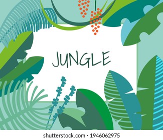 charming retro vector template with tropical jungle leaves and floral design. Invitation card poster with exotic African flowers and rainforest theme