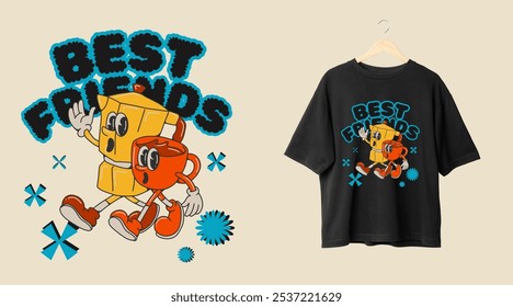 A charming retro-inspired T-shirt design featuring a moka pot walking hand-in-hand with a coffee cup, accompanied by the phrase "Best Friends." Perfect for coffee lovers