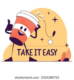 A charming retro-style cartoon coffee cup mascot, perfect for coffee shop branding, logos, websites, or any project needing a vintage,