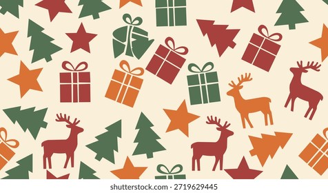 A charming, retro-style Christmas seamless pattern vector featuring holiday icons: reindeer, stylized Christmas trees, stars, and wrapped gifts. The design uses a vintage-inspired color palette of muted red, orange, and dark green on a light background. Perfect for holiday wrapping paper, fabric, background, social media posts, or festive branding.