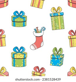 Charming Retro-style Seamless Pattern Featuring Vintage Christmas Gifts, Adorned With Classic Holiday Motifs