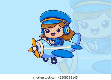A charming and retro-styled kawaii illustration featuring a cute female pilot joyfully flying her airplane, capturing the essence of fun and adventure.