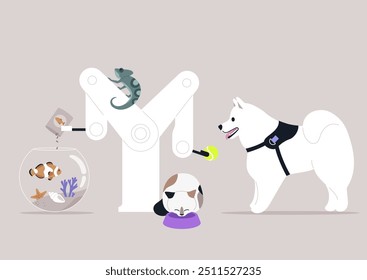 A charming robot animal assistant engages delightfully with a white dog while feeding fish and observing a chameleon, highlighting a harmonious blend of technology and nature