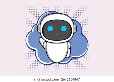 Charming robot character with a sleek white body, a friendly black face, and bright blue eyes.AI innovation. Illustration vector design. EPS 10.