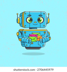 Charming Robot Messenger Carrying Mail – Flat Vector Character Suitable for Delivery Themes and Kid-Friendly Designs
