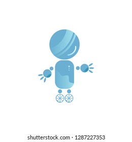 Charming Robot On Wheels With Arms In Flat Style. Isolated Chat Bot Concept. Bot Is Smiling And Giving Hand. Cartoon Vector Illustration