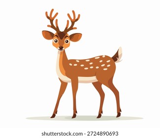 A charming roe deer stands confidently in a vibrant forest setting. This cartoon vector showcases the deer with its distinct spotted fur and delicate antlers, creating a friendly appearance. The background is filled with colorful trees and foliage, enhancing the cheerful atmosphere. The scene captures the beauty of wildlife in a playful and artistic style, making it a delightful addition to nature-themed designs