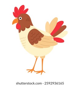 Charming rooster in warm earthy tones on white isolated background. Vector cartoon characters illustration in farm - animal style. For characters of children's stories, comics, postcards.