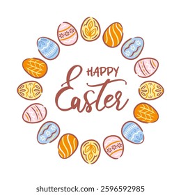 A charming round frame made of beautifully decorated Easter eggs, featuring an array of vibrant colors and patterns. This delightful illustration embodies the spirit of Easter, perfect for invitations
