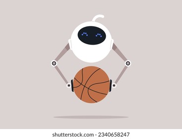 A charming, round-shaped robot engaging in a game of basketball, symbolizing the fusion of artificial intelligence with contemporary living
