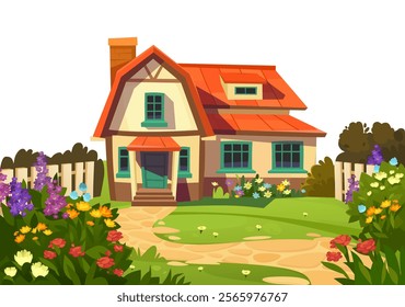 Charming rural cottage with a blooming garden, isolated on a white background. Vector illustration concept for real estate, homestead, nature, outdoor living, banner, eco-friendly lifestyle themes.