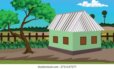 Encantadora habitação rural com grande árvore de sombra sob céu brilhante azul ensolarado