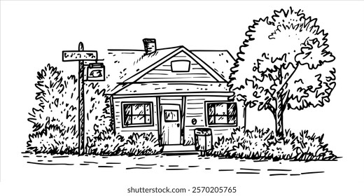 charming rural house with mailbox and trees hand-drawn illustration