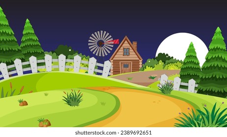 A charming rural house at night, surrounded by trees on a road