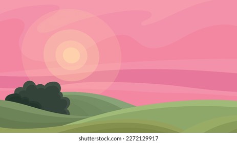 A charming rural landscape with a pink sunset or sunrise. Cartoon flat background with hills and fields. A simple minimalistic landscape. Countryside