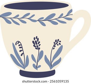 Charming rustic teacup adorned with a delicate blue floral pattern, evokes a sense of tranquility and warmth, perfect for savoring quiet moments of reflection