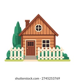 A charming, rustic wooden house with a white picket fence, surrounded by green bushes and a tall tree. The house features a peaked roof, a round window, a single door, and a brick chimney.