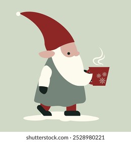 A charming Scandinavian Christmas gnome (Tomte) walking with a red mug featuring three snowflakes, capturing the cozy essence of the holiday season.