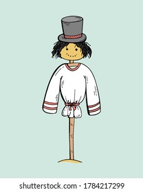 A charming Scarecrow with a hat on a stick. Power tools for gardening and country houses. Hand-drawn doodles.