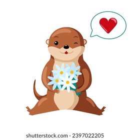 Charming scene of a cheerful otter with flowers, symbolizing love and friendship, set against a simple background.