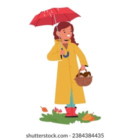 Charming Scene with Cute Little Girl, Clutching Her Umbrella, Joyfully Carries A Basket Brimming With Freshly Foraged Mushrooms, Her Eyes Twinkling With Wonder And Adventure. Vector Illustration