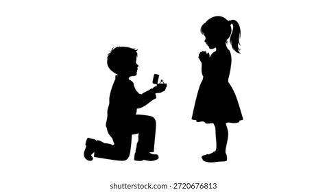 A charming scene of a proposal depicted in a striking black silhouette style.