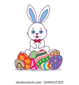 charming scene where a fluffy white Easter bunny sits atop a mound of vibrant, hand-painted Easter eggs, each one a burst of color and joy.