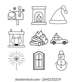 Charming scenes with Christmas car hat festive mailbox fireplace decorated mantle firewood fireworks frosted window and frosty the snowman Vector line art on white background.
