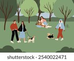 Charming scenes of people interacting with their dogs in parks. Activities include fetch games, leisurely strolls, and dog training. Flat vector illustration.