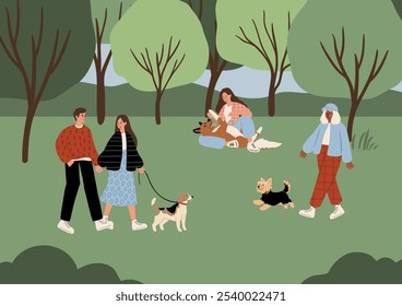 Escenas encantadoras de personas interactuando con sus perros en los parques. Las actividades incluyen juegos de búsqueda, paseos y entrenamiento para perros. Ilustración vectorial plana.