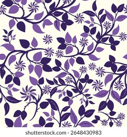 Charming seamless botanical pattern with stylized purple vines, leaves, and small star-like flowers on a light beige background. Ideal for textiles, decor, and digital art, embracing organic floral tr