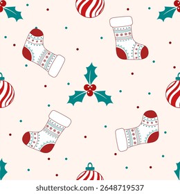 Charming seamless Christmas pattern featuring stockings, holly leaves, and festive baubles on a light background. Great for seasonal wrapping paper, fabric, and digital projects.