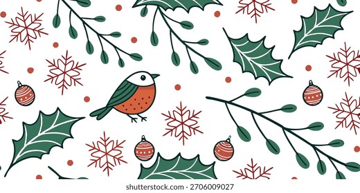 Encantador patrón de Navidades sin fisuras con hojas de acebo, bayas rojas, copos de nieve y un pájaro lindo sobre un fondo blanco. Perfecto para papel de regalo festivo, textiles y tarjetas de vacaciones. Alegre y 