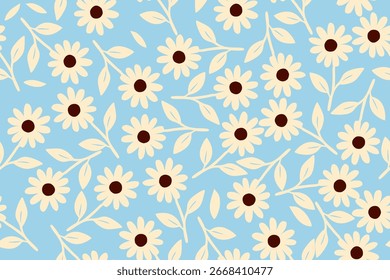 Charmante nahtlose Gänseblümchen mit cremefarbenen Blütenblättern und dunklen Zentren auf weichblauem Hintergrund, perfekt für Stoff, Tapete und Sommerdekor.