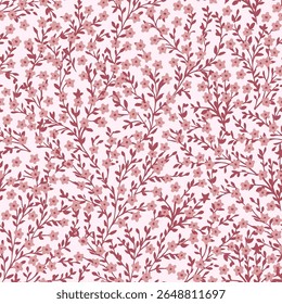 Charmoso padrão floral de cantiga sem costura com delicadas flores rosa e folhas em ramos finos contra um fundo leve. Abraçando tendências botânicas vintage para têxteis, moda e doce, roma