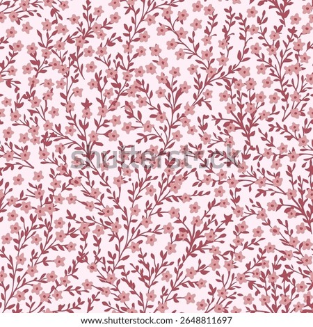 Charming seamless ditsy floral pattern featuring delicate pink flowers and leaves on thin branches against a light background. Embracing vintage botanical trends for textiles, fashion, and sweet, roma