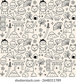 Charming seamless doodle pattern featuring cute Japanese cultural icons: sumo wrestlers, Maneki-neko cats, sushi, fans, Mount Fuji and more on beige. Perfect for kids' decor, textiles, and stationery