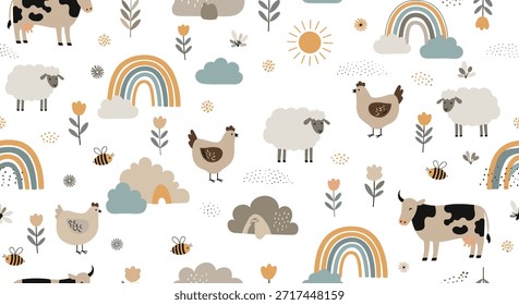 Charmoso padrão agrícola sem emenda com vacas, ovelhas, galinhas, abelhas, arco-íris e flores em tons suaves e neutros de terra.