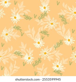 Charming seamless floral pattern featuring white daisies with yellow centers and leafy details on a warm pastel orange background. Ideal for backgrounds, textiles, and creative projects.